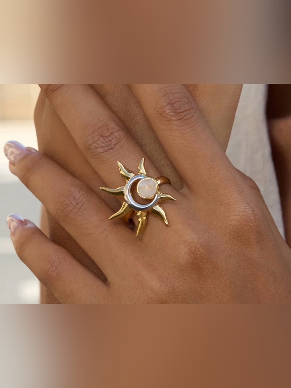 Gold Sunburst Ring with Moonstone Center